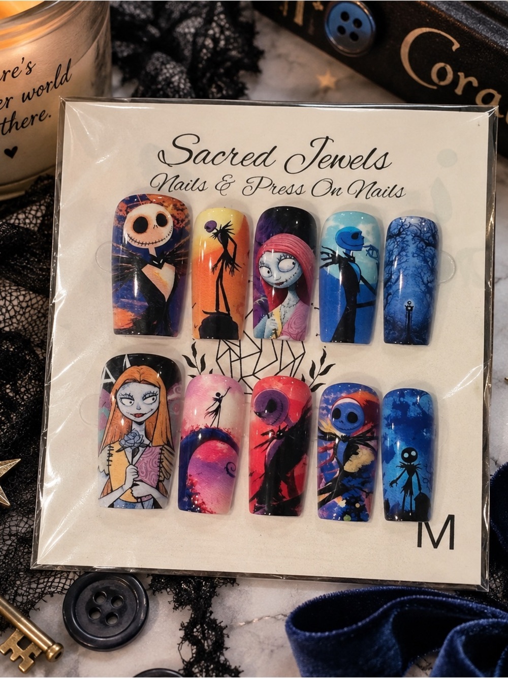 Coraline Inspired Handmade Press On Nails Halloween Gothic Size M Adhesive Tabs